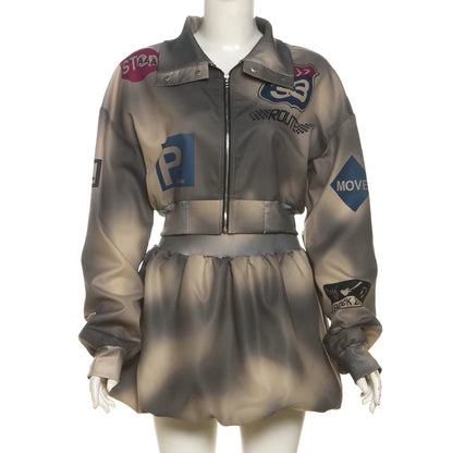 UNIKCOSA Women’s Printed Jacket & Skirt Set – Zipper Short Jacket with Matching Mini Skirt (Fall 2025 Streetwear Edition)