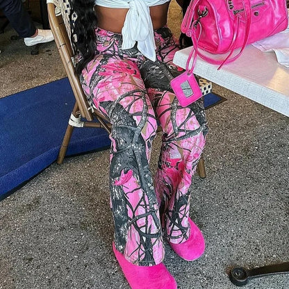 Pink Camouflage High‑Waisted Slim‑Fit Flared Pants for Women