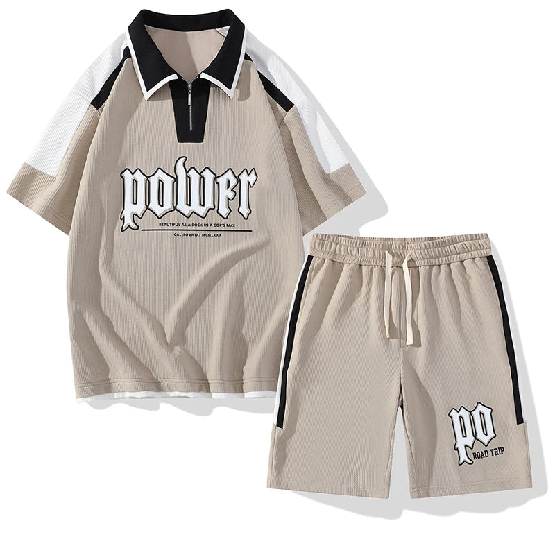 UNIKCOSA Men’s Summer Two-Piece Set – Casual Lapel Short-Sleeve T-Shirt & Matching Shorts (Youth Sports Edition)