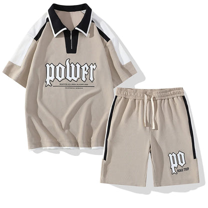 UNIKCOSA Men’s Summer Two-Piece Set – Casual Lapel Short-Sleeve T-Shirt & Matching Shorts (Youth Sports Edition)