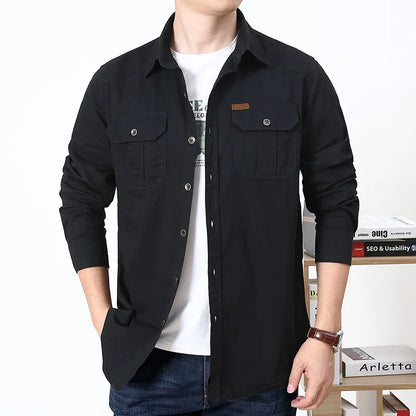 UNIKCOSA Men’s Casual Work Shirt – Loose-Fit Long Sleeve Solid Color Pocket Shirt (Autumn Large-Size Edition)