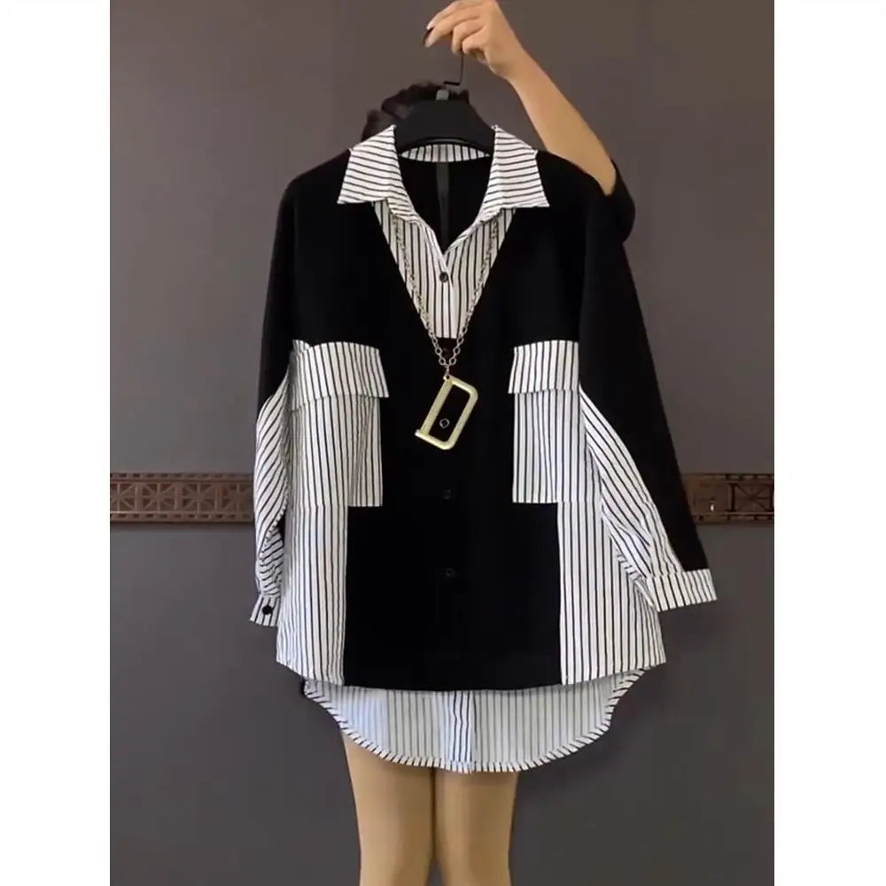UNIKCOSA Women’s Oversized Striped Shirt – 2023 Spring Loose-Fit Medium-Length Daily Top (Casual Chic Edition)