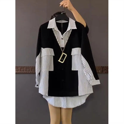 UNIKCOSA Women’s Oversized Striped Shirt – 2023 Spring Loose-Fit Medium-Length Daily Top (Casual Chic Edition)