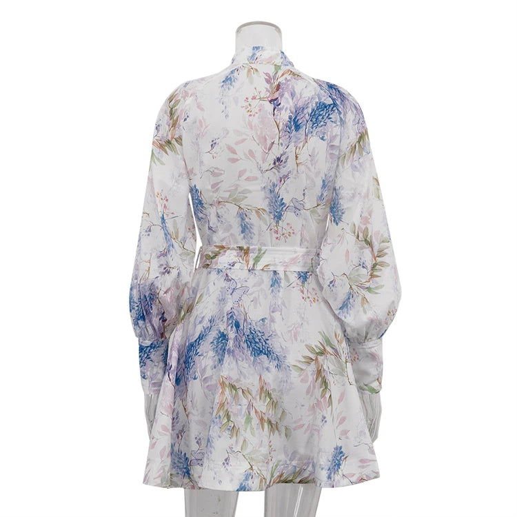 UNIKCOSA Women’s Floral Belted Dress – Stand Collar Long Sleeve Short Dress with Zip Cuffs (Summer/Fall 2025 Edition)