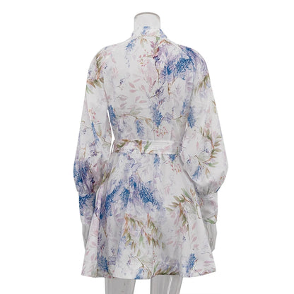 UNIKCOSA Women’s Floral Belted Dress – Stand Collar Long Sleeve Short Dress with Zip Cuffs (Summer/Fall 2025 Edition)