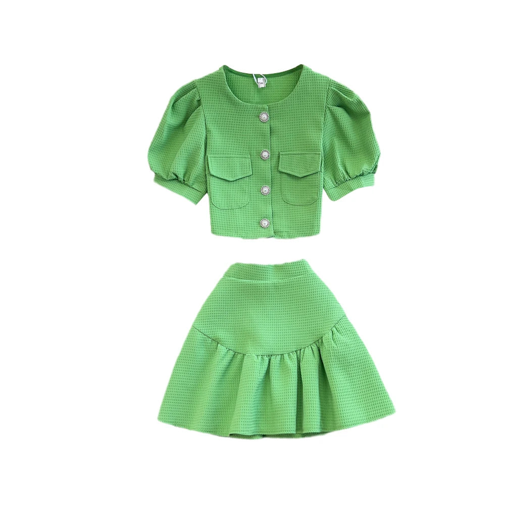 Summer Casual 2 Piece Set For Women O-Neck Puff Sleeve Top And High Waist Skirts Set Ropa Wholesale