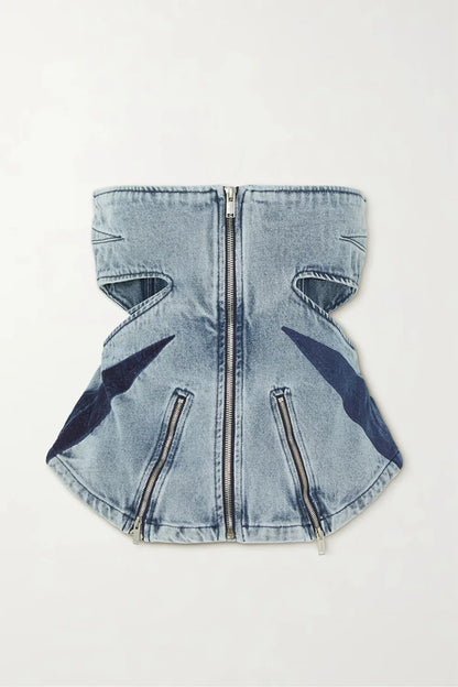 UNIKCOSA Women’s Denim Two-Piece Set – Color Block Zipper Tube Top & Flare Jeans (Casual Sexy Edition)