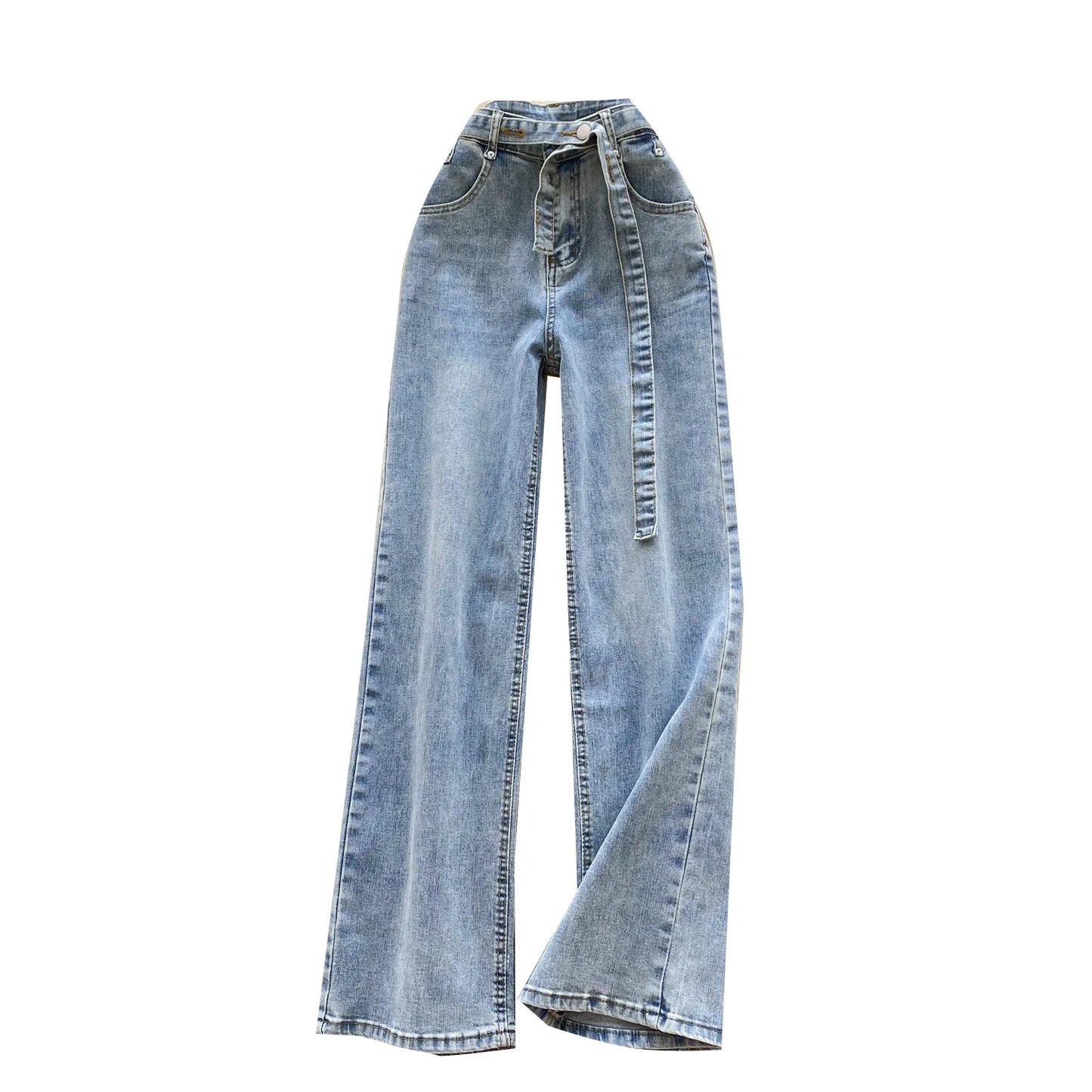 UNIKCOSA Women’s Spring Denim Jeans – 2025 High-Waist Printed Long Pants with Sash Belt (Outdoor Chic Edition)