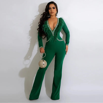 UNIKCOSA Women’s V-Neck Jumpsuit – Solid Color Long Sleeve Straight-Leg One-Piece Romper ( Work & Casual Edition)