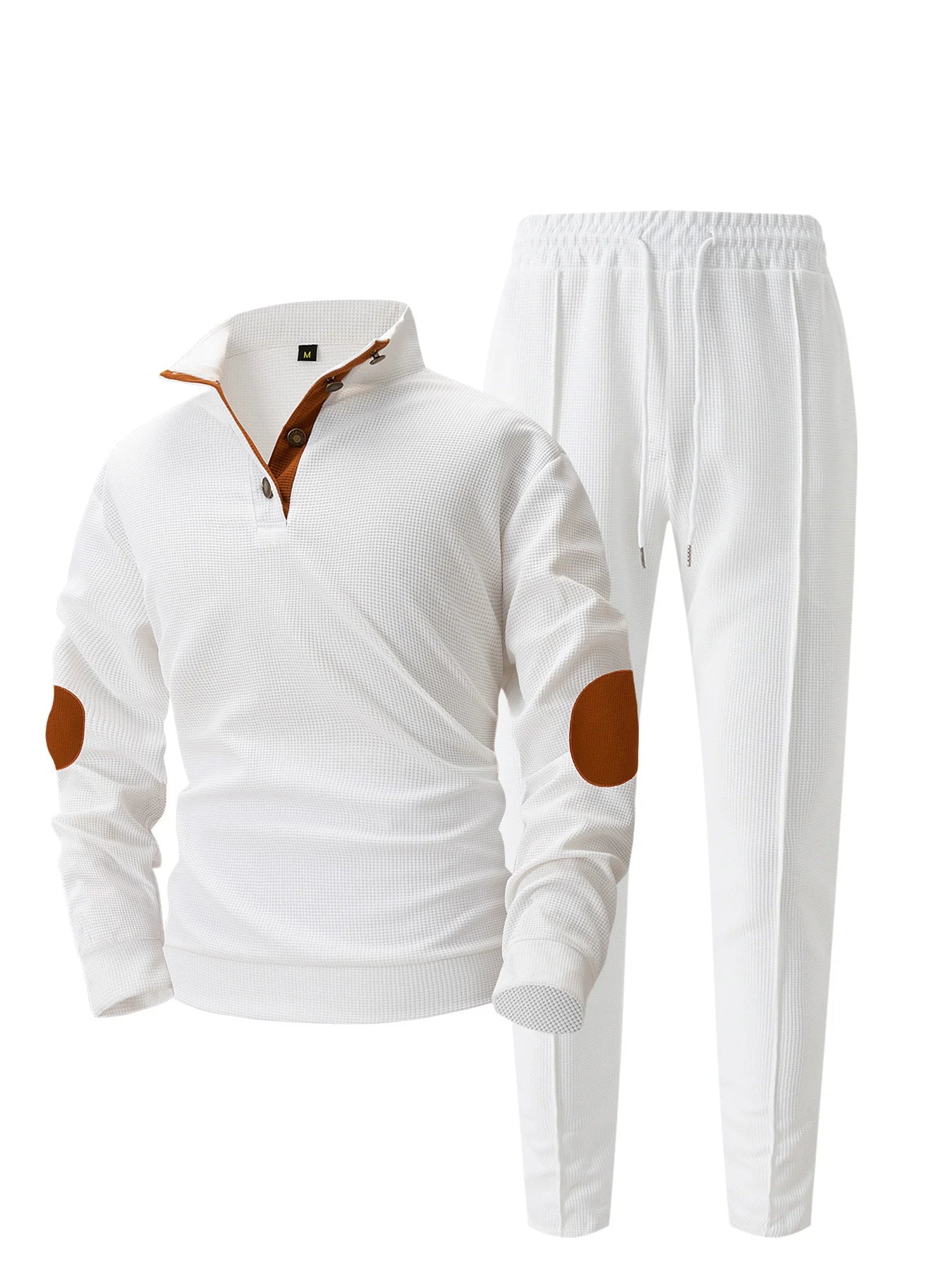 UNIKCOSA Men’s Knit Sweater Set – Quarter-Button Pullover with Contrast Elbow Patches & Elastic Waist Pants (2-Piece Tracksuit 2025 Edition)