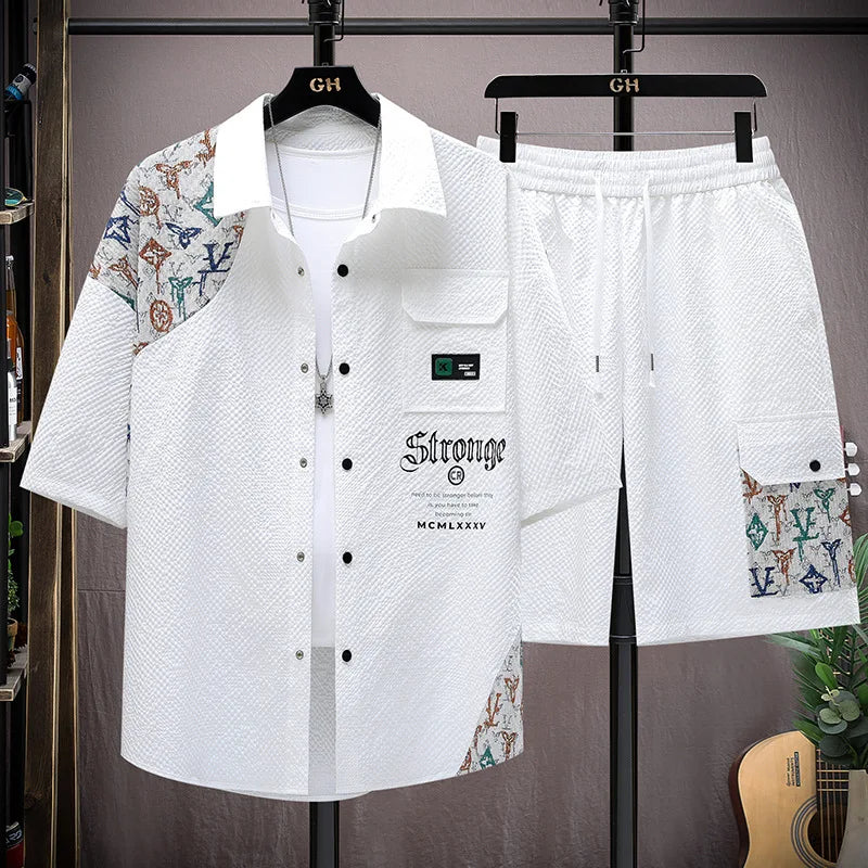 UNIKCOSA Men’s Ice Silk Summer Set – 2025 Casual Printed Short Sleeve Shirt & Matching Shorts (Cooling Edition, Made in China)