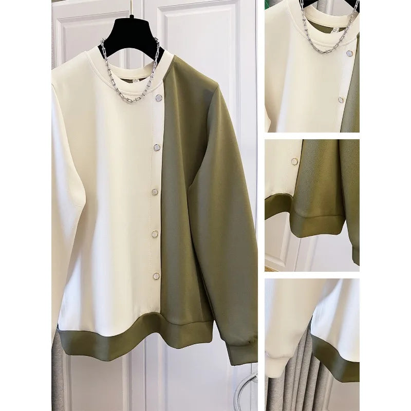 Stylish Apricot Casual Round-Neck Patchwork Hoodie for Women Autumn