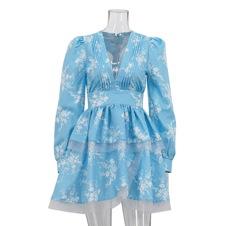 UNIKCOSA Women’s Floral Ruffle Dress – Deep V-Neck Tiered Layered Short Dress with Long Sleeves (Blue, 2025 Edition)