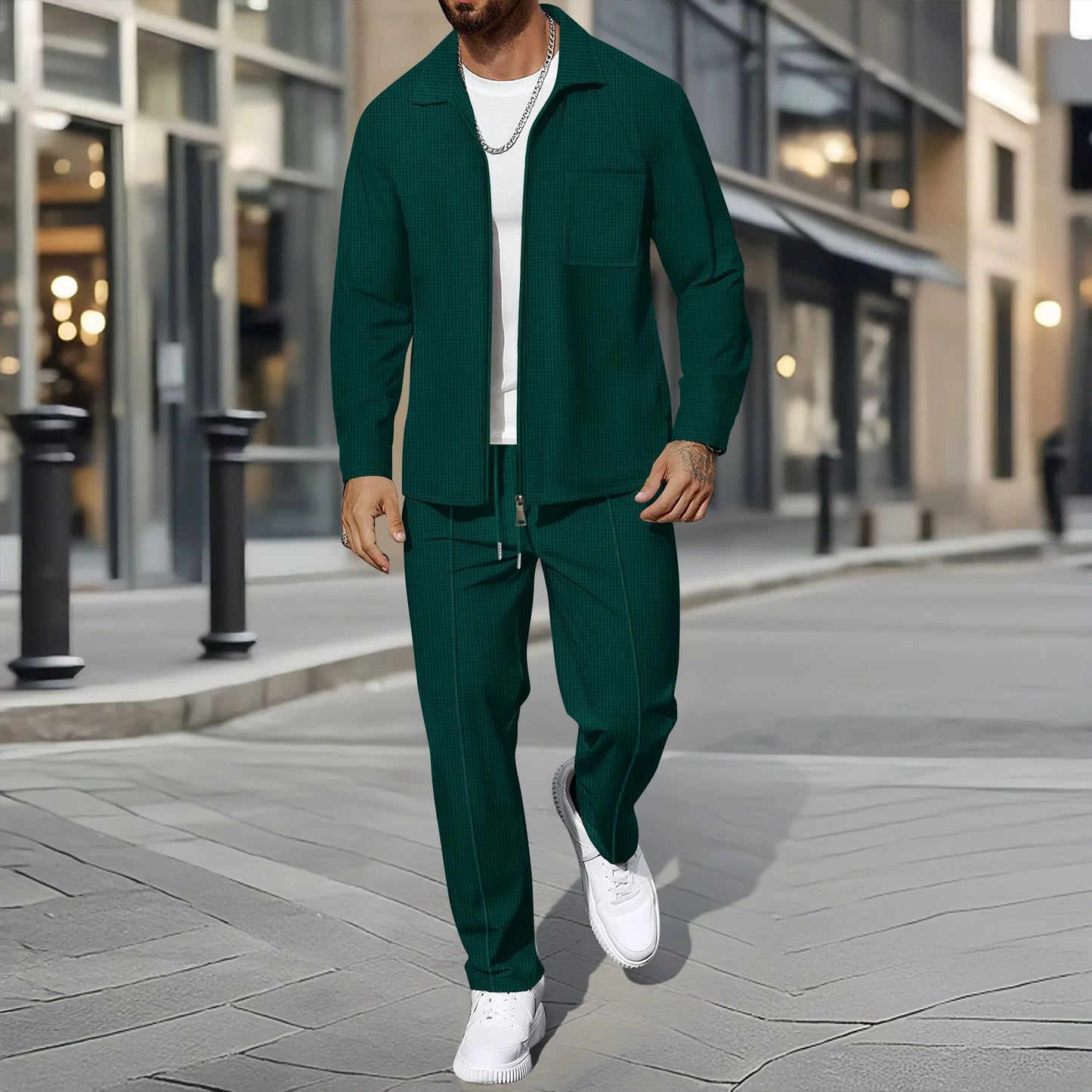 UNIKCOSA Men’s Autumn Outerwear Set – Long-Style Full-Zip Jacket & Pants Two-Piece Suit (220 GSM Polyester Edition)