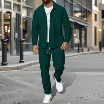 UNIKCOSA Men’s Autumn Outerwear Set – Long-Style Full-Zip Jacket & Pants Two-Piece Suit (220 GSM Polyester Edition)