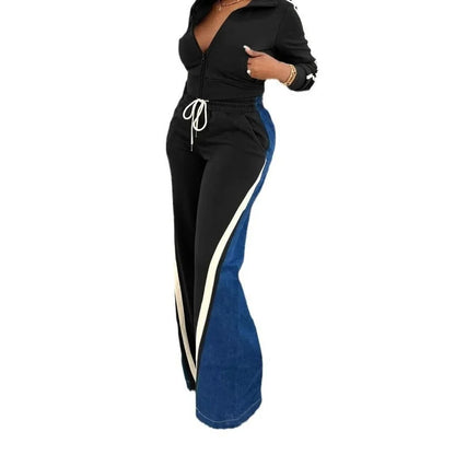 Women's Summer Denim Patchwork Shorts & Long Sleeve Top Set