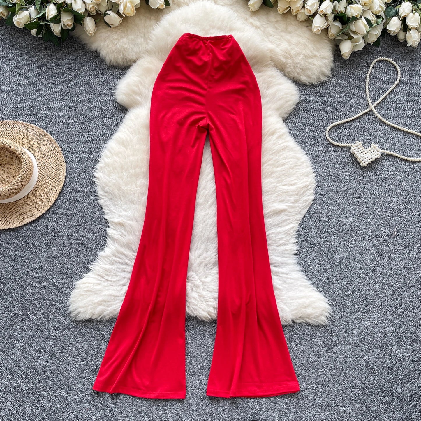 Summer Y2K Long Pants Women Solid Wrinkled High Waist Trousers Girls Flare Pants Wholesale