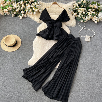UNIKCOSA Women’s Elegant Summer Set – Pleated Chiffon Sleeveless Top & High-Waist Wide-Leg Pants (High-End Edition)
