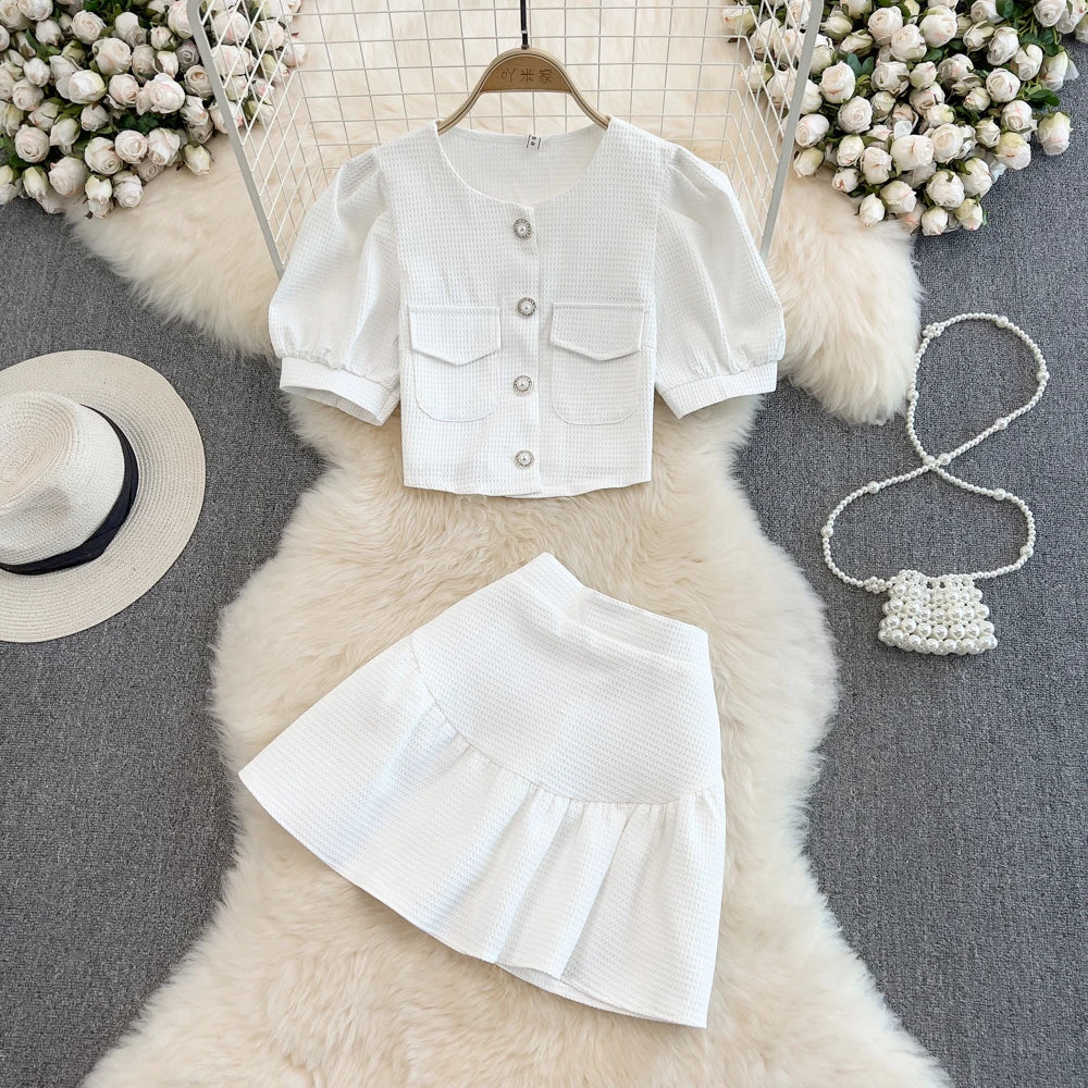 Summer Casual 2 Piece Set For Women O-Neck Puff Sleeve Top And High Waist Skirts Set Ropa Wholesale