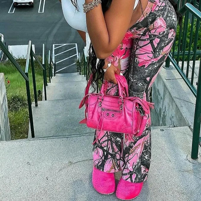 Pink Camouflage High‑Waisted Slim‑Fit Flared Pants for Women