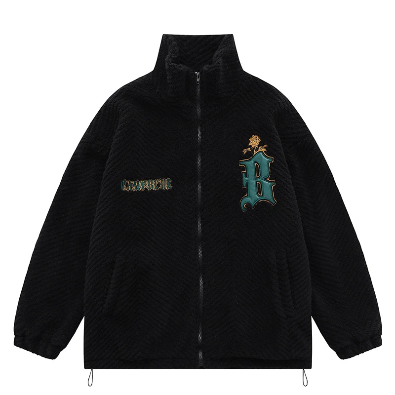 UNIKCOSA NoirFit Floral Embroidered Fleece Varsity Jacket 🔥