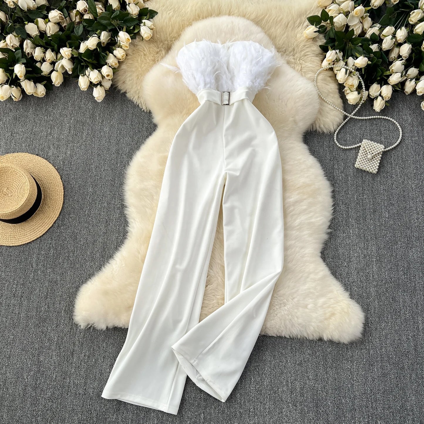UNIKCOSA Women’s White Feather Jumpsuit – Summer Sleeveless Slim Fit One-Piece (Elegant Statement Edition)