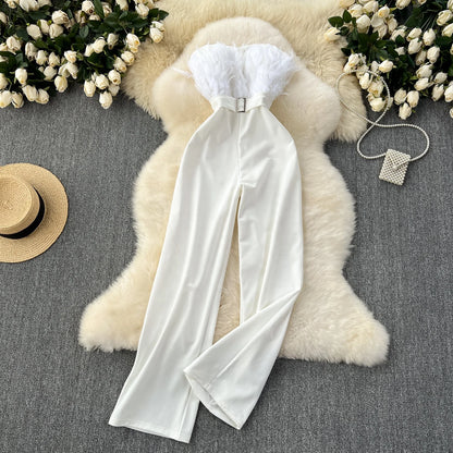 UNIKCOSA Women’s White Feather Jumpsuit – Summer Sleeveless Slim Fit One-Piece (Elegant Statement Edition)
