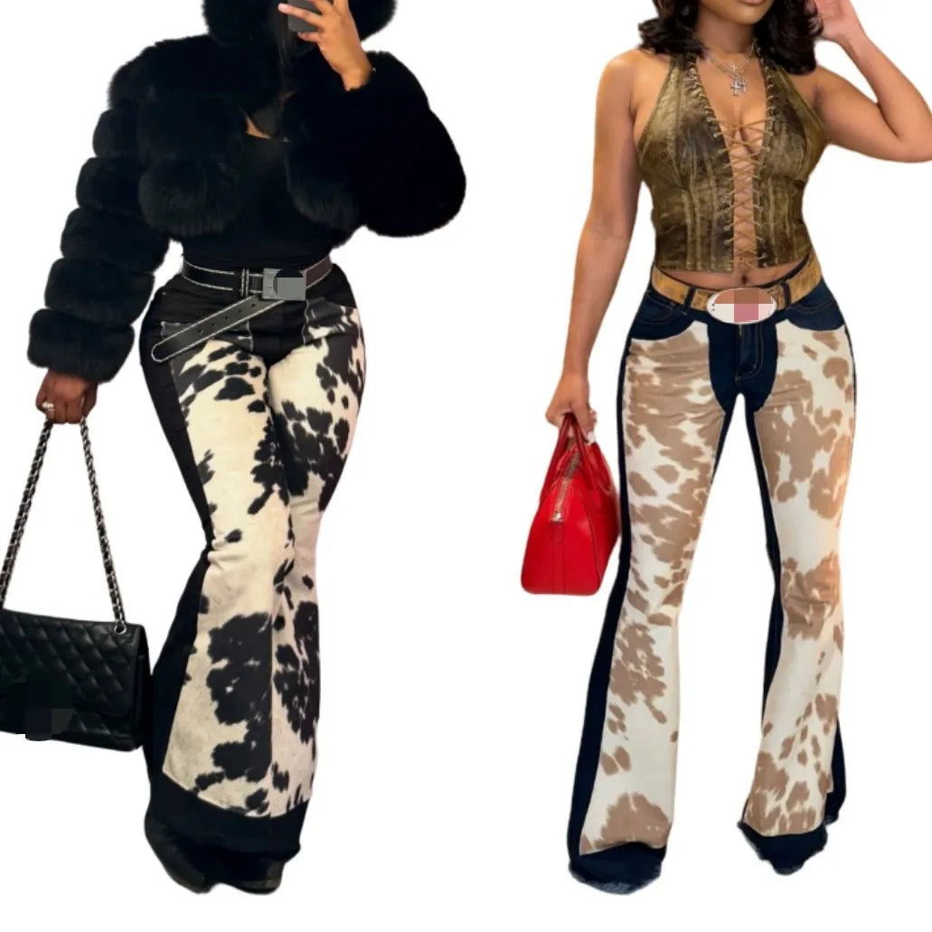 Hot Stretch Flare Denim Pants for Women – High‑Waist Printed Trousers