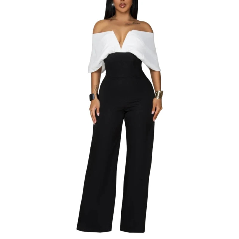 Backless Black & White Wide-Leg V-Neck Jumpsuit – Trendy Summer Style