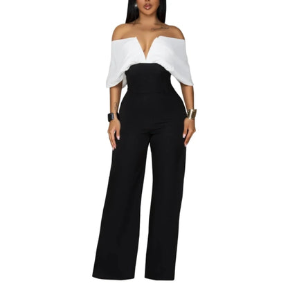 Backless Black & White Wide-Leg V-Neck Jumpsuit – Trendy Summer Style
