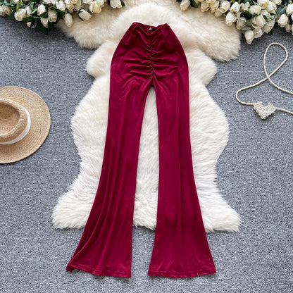 Summer Y2K Long Pants Women Solid Wrinkled High Waist Trousers Girls Flare Pants Wholesale