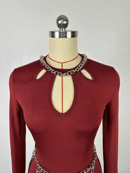 UNIKCOSA Velora Jumpsuit Wine Red O Neck Slim Fit Flared 💫