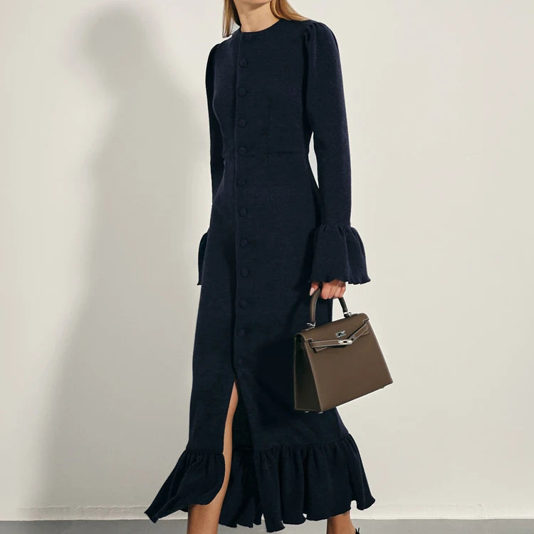 UNIKCOSA Women’s Knitted Ruffle Dress – Solid Color Button-Up Flared Sleeve Long Dress (Autumn 2025 Office Edition)