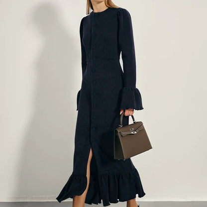 UNIKCOSA Women’s Knitted Ruffle Dress – Solid Color Button-Up Flared Sleeve Long Dress (Autumn 2025 Office Edition)