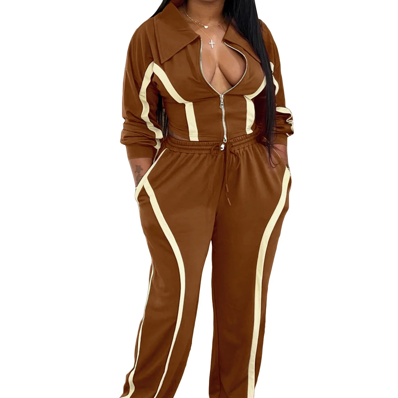 Women's Striped Patchwork Contrast Color Zipper Collar Top & Wide-Leg Pants 2-Piece Set