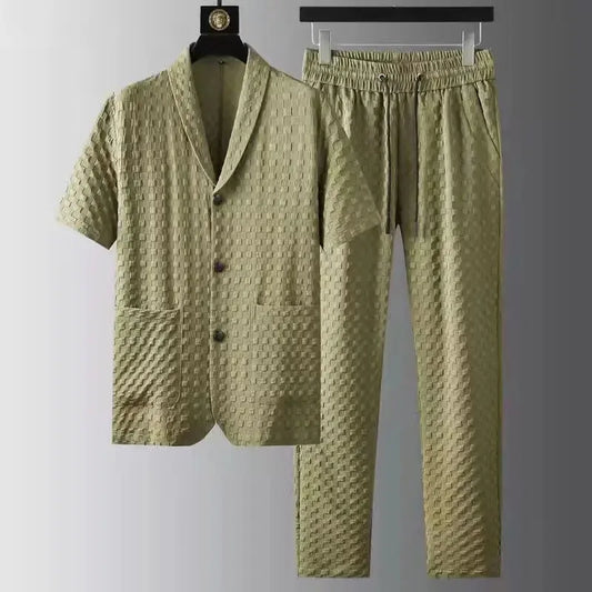 UNIKCOSA Men’s Printed Two-Piece Set – Short Sleeve Shirt & Pants with Solid Geometry Pattern (Spring/Summer 2024 Edition)