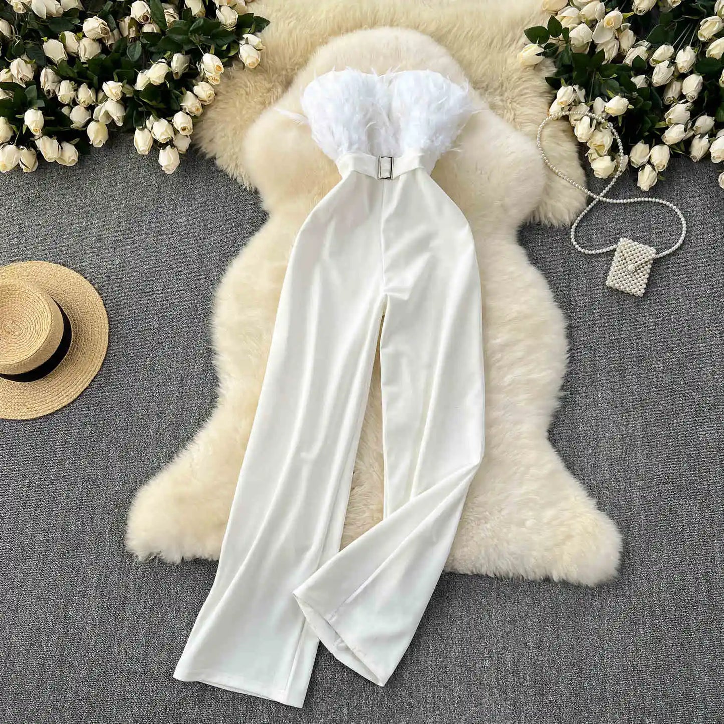 UNIKCOSA Women’s White Feather Jumpsuit – Summer Sleeveless Slim Fit One-Piece (Elegant Statement Edition)