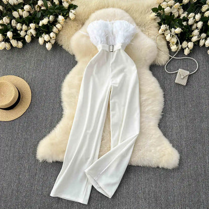 UNIKCOSA Women’s White Feather Jumpsuit – Summer Sleeveless Slim Fit One-Piece (Elegant Statement Edition)