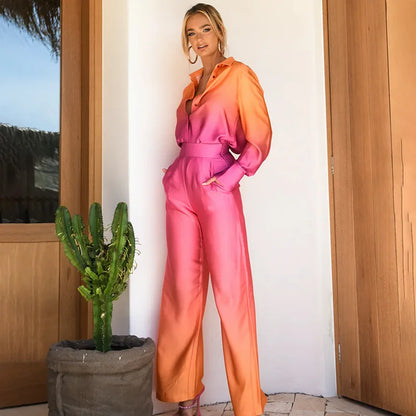 UNIKCOSA Women’s Gradient Print Two-Piece Set – Long Sleeve Shirt & Wide-Leg Pants Casual Outfit (2025 Edition)