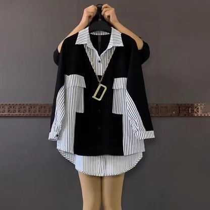UNIKCOSA Women’s Oversized Striped Shirt – 2023 Spring Loose-Fit Medium-Length Daily Top (Casual Chic Edition)