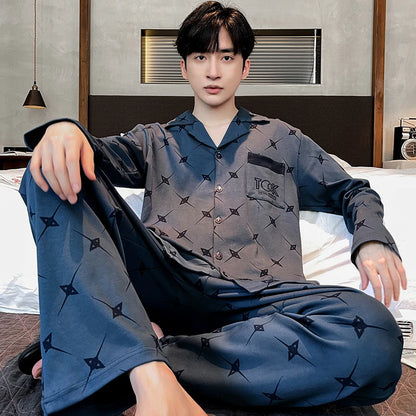 UNIKCOSA Men’s Cotton Night Suit – 100% Cotton Lapel Cardigan Top & Trousers Pajama Set (Spring/Fall Plus Size Sleepwear)