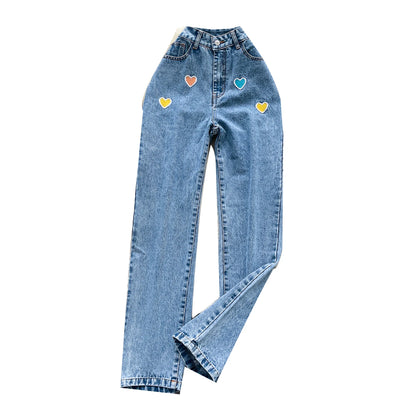 Autumn Embroidery Casual Long Jeans Women Print Embroidered High Waist Denim Pants Girls Outdoor Pants Wholesale