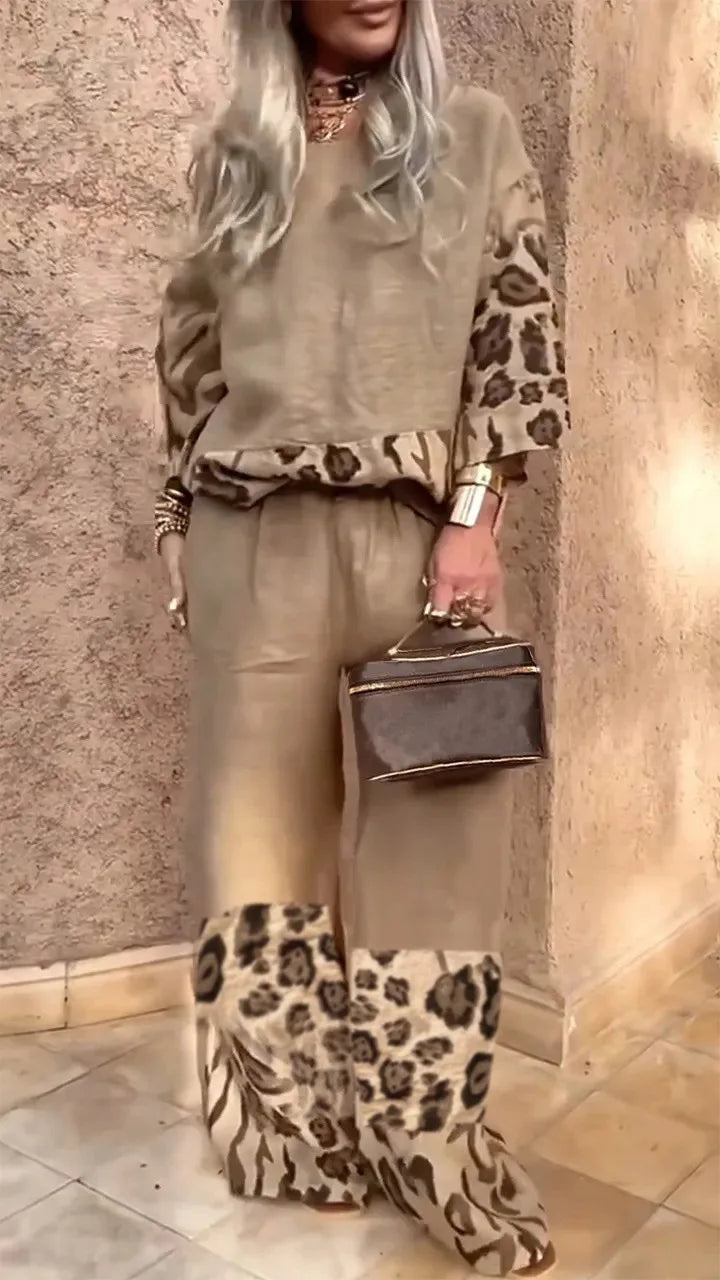 Leopard Print Women's Casual Cotton-Linen Top and Pants Set