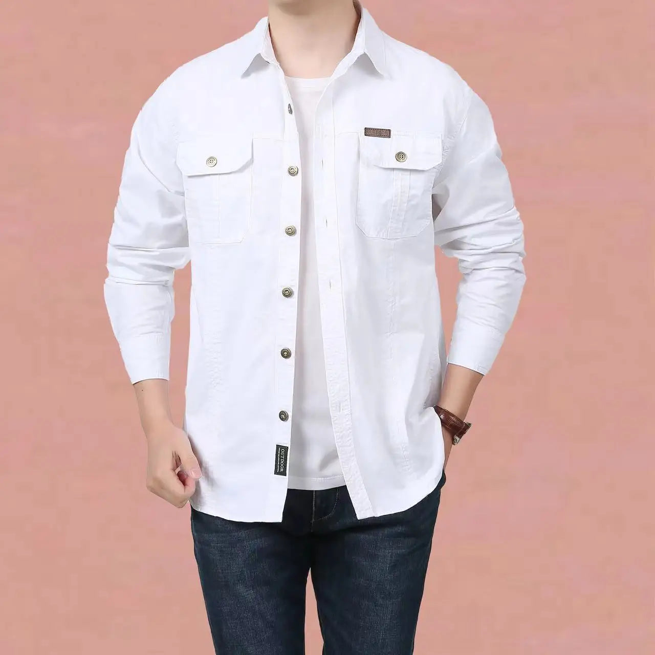 UNIKCOSA Men’s Casual Work Shirt – Loose-Fit Long Sleeve Solid Color Pocket Shirt (Autumn Large-Size Edition)