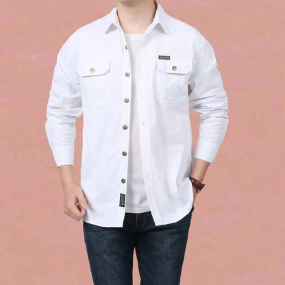 UNIKCOSA Men’s Casual Work Shirt – Loose-Fit Long Sleeve Solid Color Pocket Shirt (Autumn Large-Size Edition)