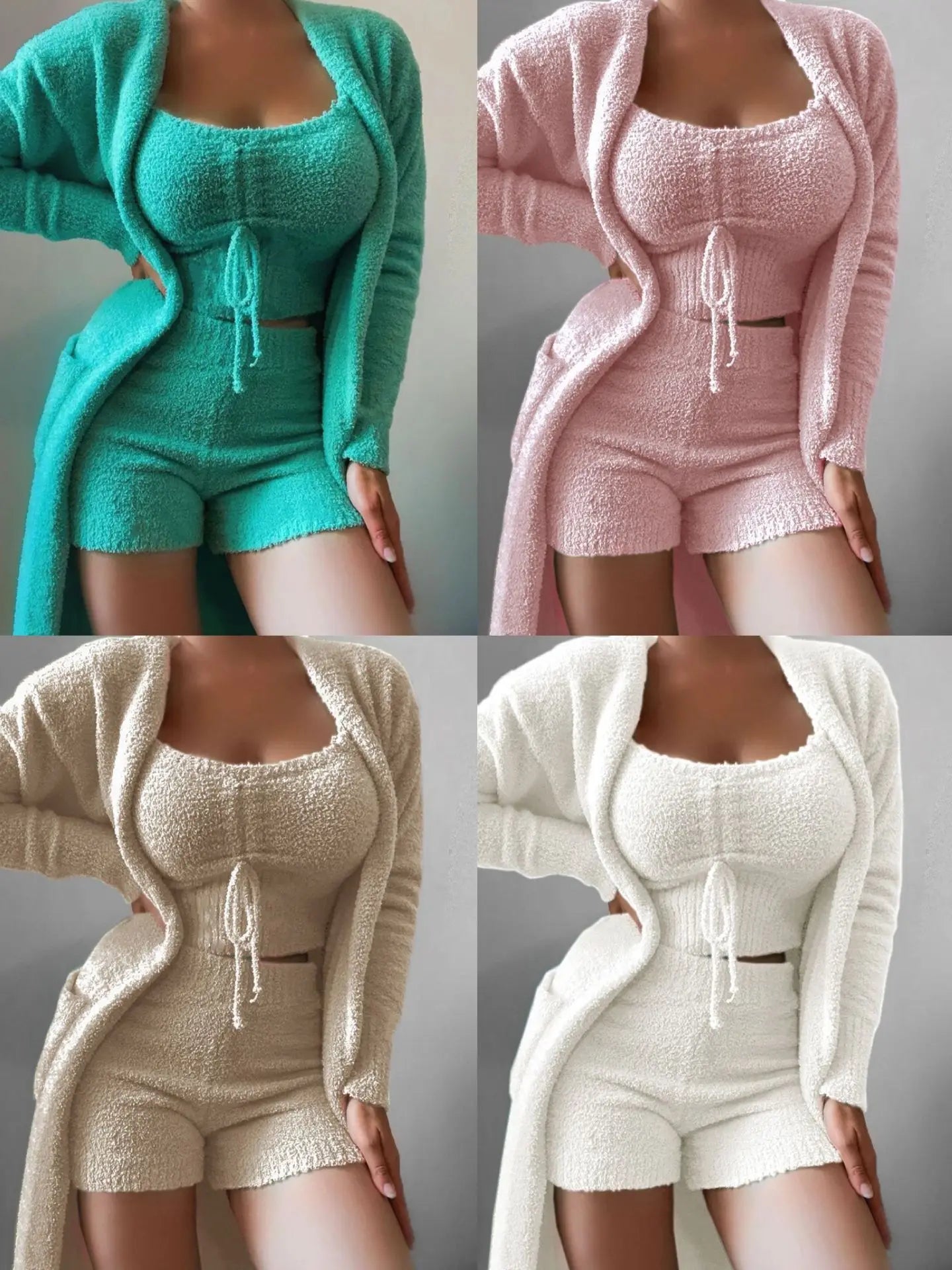 UNIKCOSA Women’s Plush Pajama Set – 3-Piece Luxury Sleepwear with Shorts, Bra Top & Robe
