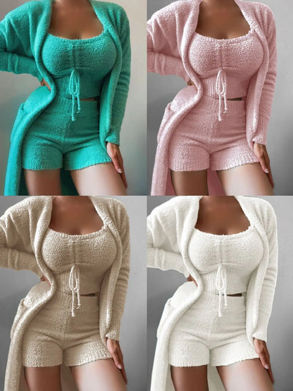 UNIKCOSA Women’s Plush Pajama Set – 3-Piece Luxury Sleepwear with Shorts, Bra Top & Robe