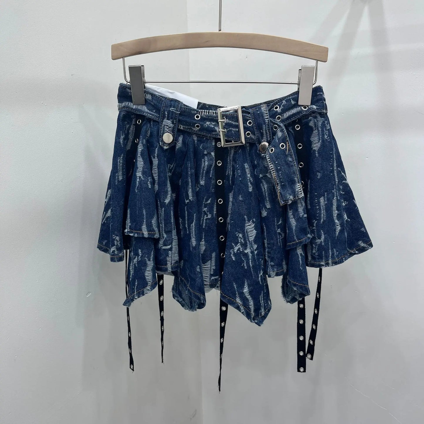 Women's Denim Flutter Belt Irregular Pleated Short Skirt