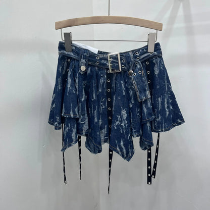 Women's Denim Flutter Belt Irregular Pleated Short Skirt