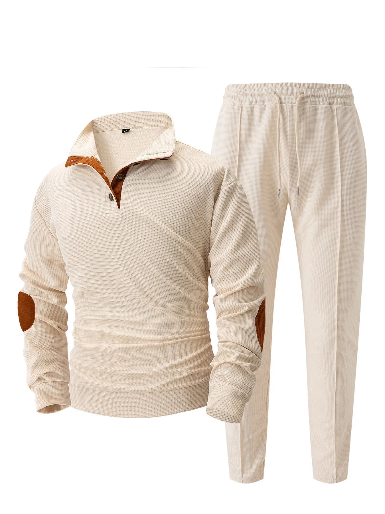 UNIKCOSA Men’s Knit Sweater Set – Quarter-Button Pullover with Contrast Elbow Patches & Elastic Waist Pants (2-Piece Tracksuit 2025 Edition)